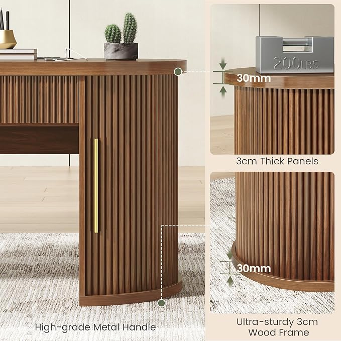 SEDETA 58.3" x 21.7" Fluted Office Executive Desk with 2 Drawers Storage | Brown Long Computer Desk with 2 Sliding Doors Shelves and Power Strip, Wood Curve Desk for Work, Writing, Study