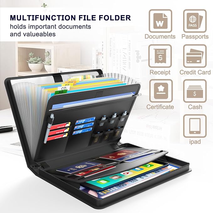 Hontom 5200℉ Accordion File Organizer with Handle Fireproof | 13 Pockets Fireproof Document Organizer ,Portable Travel Home Storage File Folder for Important Document and Paper ,Black