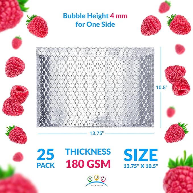 ABC PACK & SUPPLY Thermal Bubble Mailer, 13.75 x 10.5 Inch Metallic Foil Insulated Envelopes, 25 Pack Self Seal Waterproof Shipping Mailers