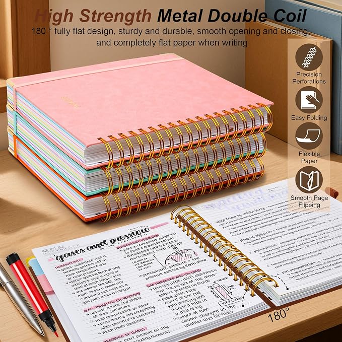 Hardcover Spiral Notebook 6.2"x 8.2" Journal Notebook with Tabs and Removable Dividers 300 Pages 5 Subject Notebook College Ruled, Faux Leather Spiral Bound Notebook for Women School Work (Brown)