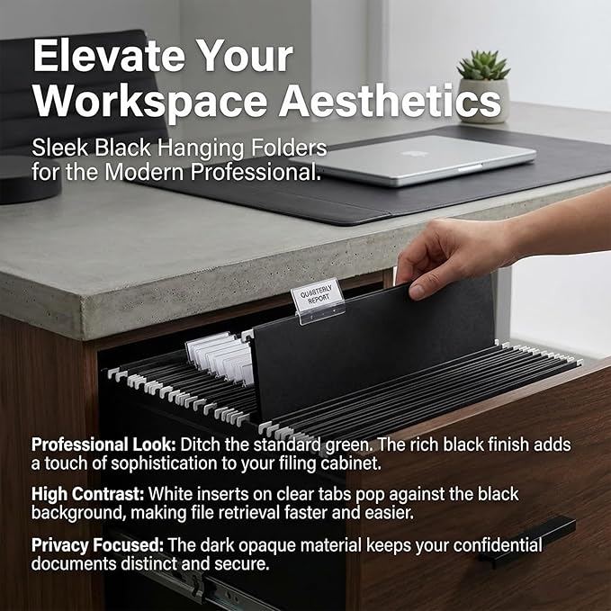 Black Hanging File Folders,Letter Size 8.5x11 Inch,25 Pack Hanging Folders for Filing Cabinet,Reinforced Rods for Smooth Gliding,1/5 Adjustable Tabs & Inserts,Ideal for Home,Office & School