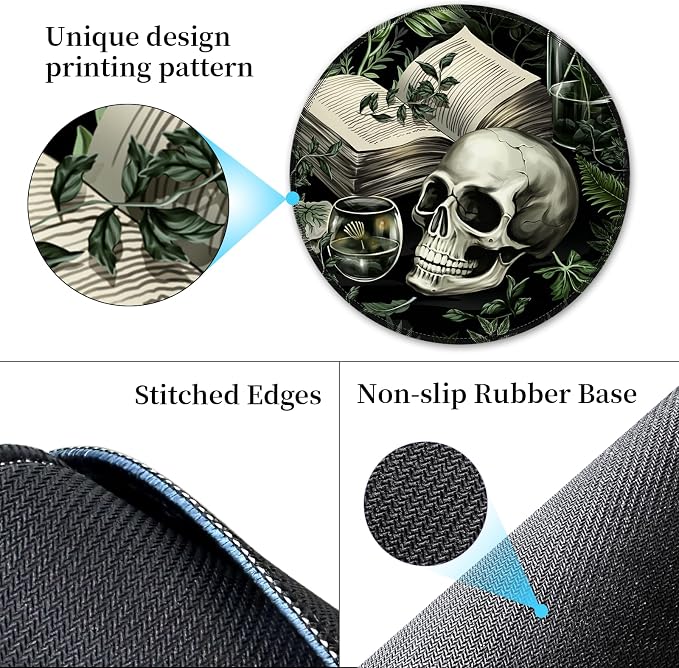 Hancynir Funny Skull Round Mouse Pad, Small Mousepad for Office Desk Decor | Mouse Mat for Computer, Non-Slip Rubber Base, Office Desk Decor, Gifts for Work Coworker Teacher, 8.6 Inch, Stitched Edges