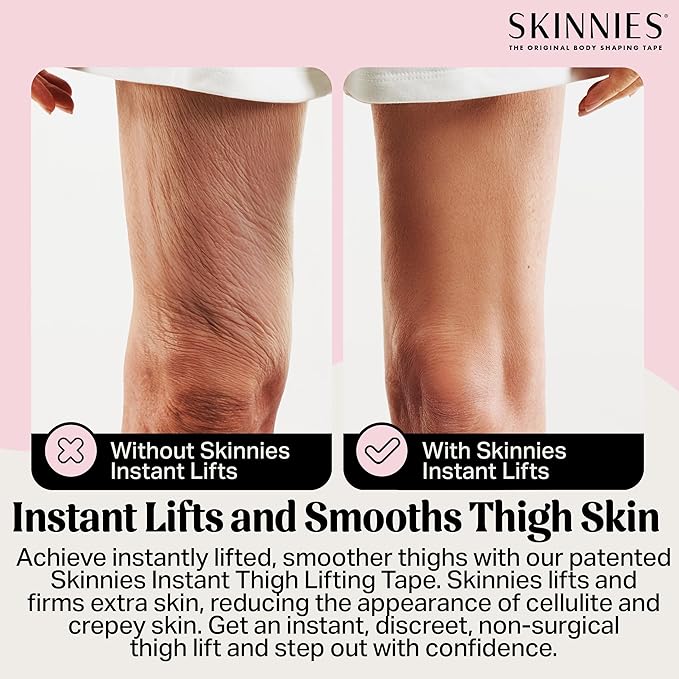 Skinnies Instant Thigh Lift Tape - Patented & Made in USA - Clear Adhesive Strips Instantly Lift Loose Skin and Smooth Cellulite - Sweatproof and All-Day Wear Body Tape for Women - 5 Pairs