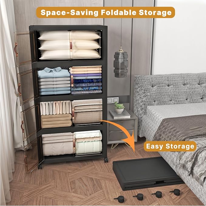 672QT Stackable Storage Bins with Lids,Doors & Wheels | Closet Organizers and Storage Cabinet, Lockable Plastic Foldable Drawers for Bedroom Dorm Office Garage（168QT*4,Black）