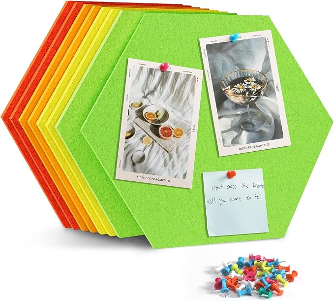 8-Pack Hexagon Felt Bulletin Board Tiles, Cork Board Alternative | For students and teachers creating vision boards in homes, offices, dorms or classrooms; includes 30 push pins.