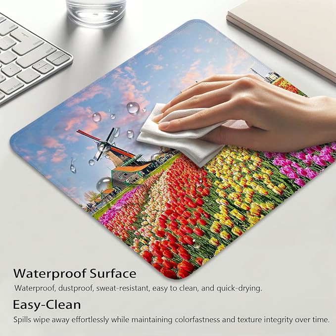 Tulips Flowers Puzzles Landscape Mouse Pad, Holland Windmill Desk Mat | Nature Colorful Floral, Cute Mousepad Stitched, Anti-Slip Base Smooth Surface, 9.5 x 7.9 Inches
