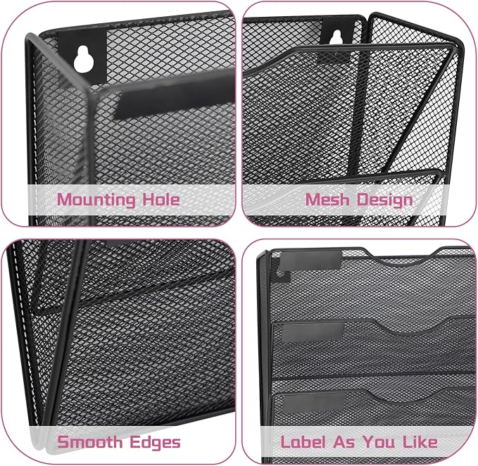 5 Pockets Mesh Wall File Holder Organizer Office Hanging File Folder Magazine Rack, Nametag Label Hooks Set Included (Black)
