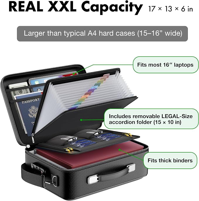 XXL Legal-Size Fire & Water-Resistant Document Box with TSA Lock - Hard-Shell Case (17×13×6 in) Hard Case File Organizer for Important Documents, Laptop, Passport, Wills & Certificates (Black)