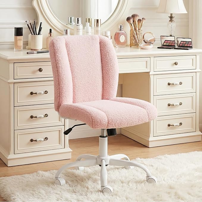 Vanity Chair with Wheels, Armless Office Chair Height Adjustable, Cute Desk Chair with Soft Lumbar Support for Small Space, Bedroom, Make-up Room, Pink
