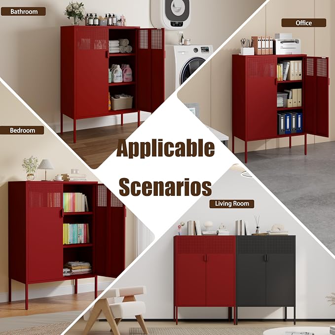3-Tier Metal Storage Cabinet with 2 Adjustable Shelves & Mesh Doors | 2 Metal Locker Accent Cabinet with Legs, Red Storage Cabinets, Metal TV Stand Cabinet for Home Office, Entryway & Hallway