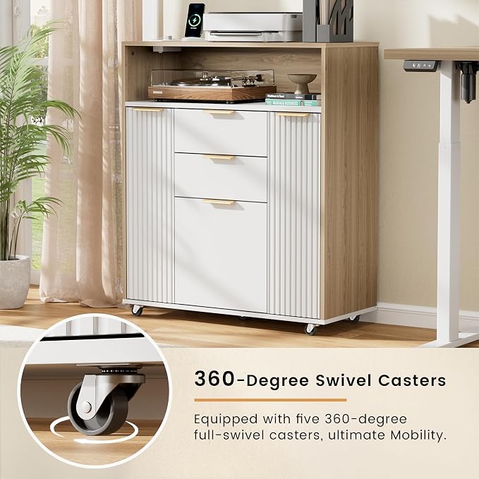 Fluted Mobile File Cabinet with Charging Station | 37" Rolling Storage Cabinet with 3 Drawers, Printer Stand with Wheels for Home Office, Light Walnut