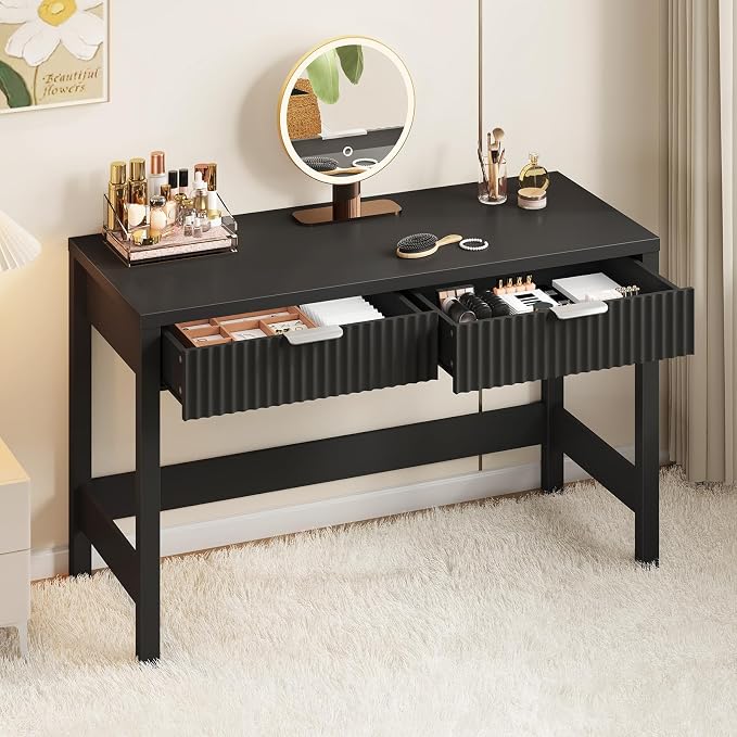 47 Inch Small Fluted Computer Desk with 2 Drawers for Bedroom, Home Office | Small Computer Desk with Storage, Compact Writing Study Vanity Desk for Small Spaces, Black