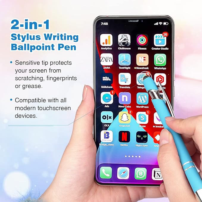 Bribobo 8 Pack Ballpoint Pen 2-in-1 Stylus, 1.0 mm Black Ink | Retractable Ballpoint Pen with Stylus tip, Metal Stylus Pen for Touch Screens
