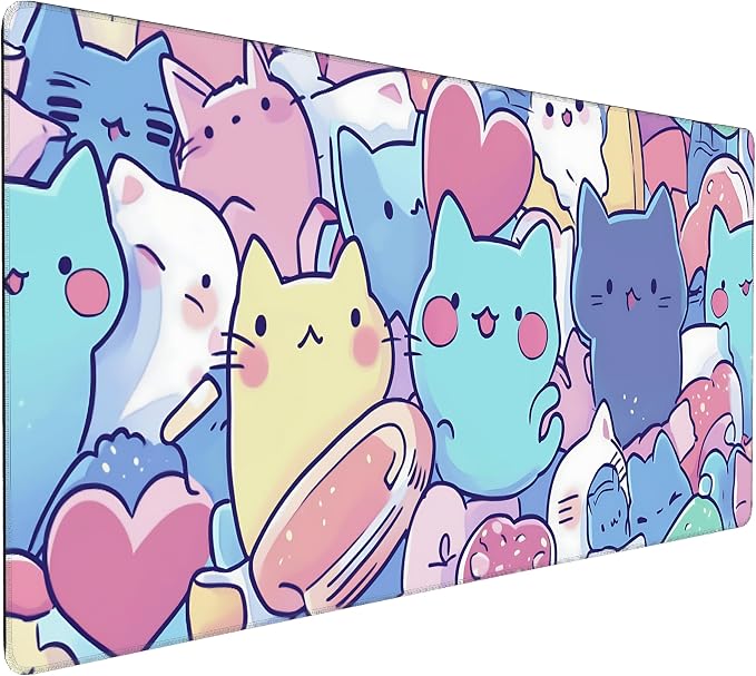 Cute Anime Cats Gaming Mouse Pad, Candy Pop Art Desk Mat with Anti-Slip Base & Stitched Edges, Office Supplies & Desk Decor for Women, 35.4" x 15.7" in Home Office Essentials