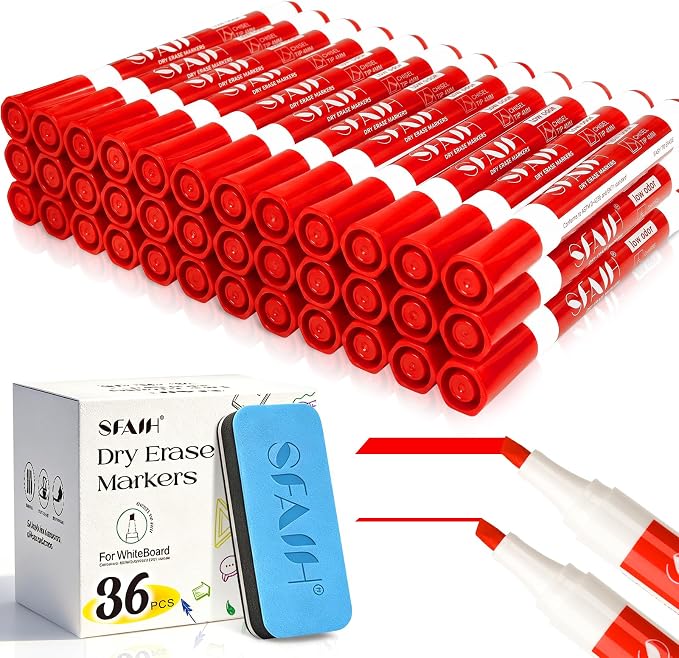 SFAIH Chisel Tip Dry Erase Markers, 36 Pack, Red, with Magnetic Eraser | 1s Quickly Dry, Low Odor, Non-Toxic Ink, White Board Markers for Office, Essential Supplies for Teachers, Back to School