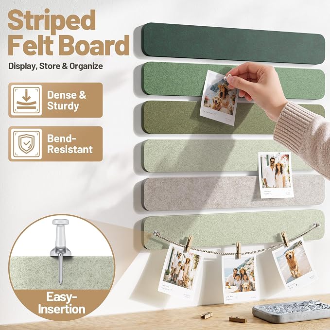 10 Pack 13"x2" Cork Board Strip with Removable Adhesive Squares & Push Pins | Pin Board Alternative Felt Strip Bulletin Board, Felt Board for Photo & Note Display, Home Office Decor - Nordic Moss