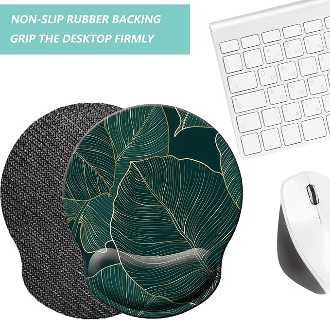 Mouse Pad with Wrist Support, Ergonomic Mouse Pad with Memory Foam Wrist Rest Cushion, Non-Slip Rubber Base Gaming Mice Pad for Home Office Computer Laptop, Green Leaves
