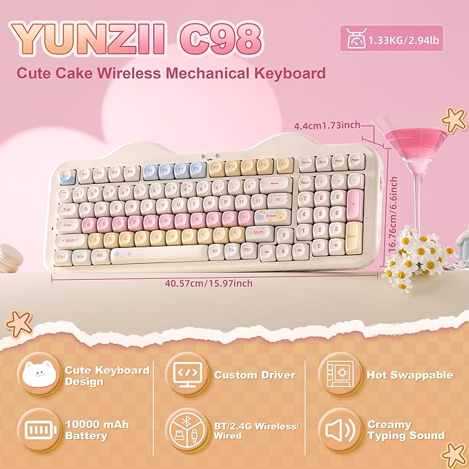 YUNZII C98 Cute Cake Wireless Mechanical Keyboard(Beige, Milk Switch) | 99 Keys with Number Pad, Hot Swap, PBT MOA Keycaps, BT5.0/2.4G/USB-C, Gasket Mount, Custom RGB Backlit for Win/Mac