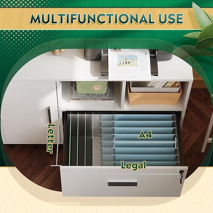 DEVAISE Office File Cabinet with Lock, 1-Drawer Wood Lateral Filing Cabinet on Wheels, Printer Stand with Open Storage Shelves for Home Office, White | Locking & Rolling, Lateral Filing Cabinet, Doors and Shelves, Fits Legal/letter/A4, for Home Office,...
