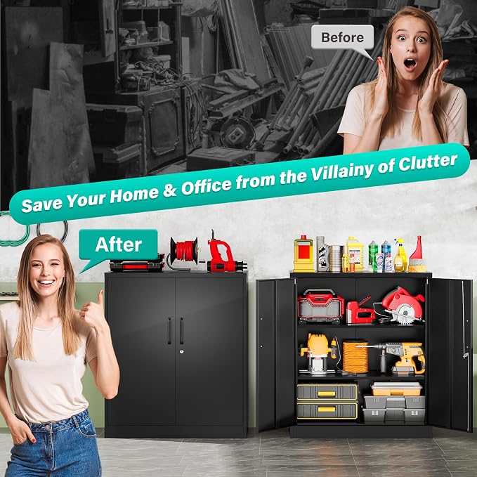 36 inch Metal Storage Cabinet with Doors and Shelves,Small Garage Storage Cabinet with Lock,Black Metal Cabinets with Locking Doors for Home,Office,Short Garage Cabinets