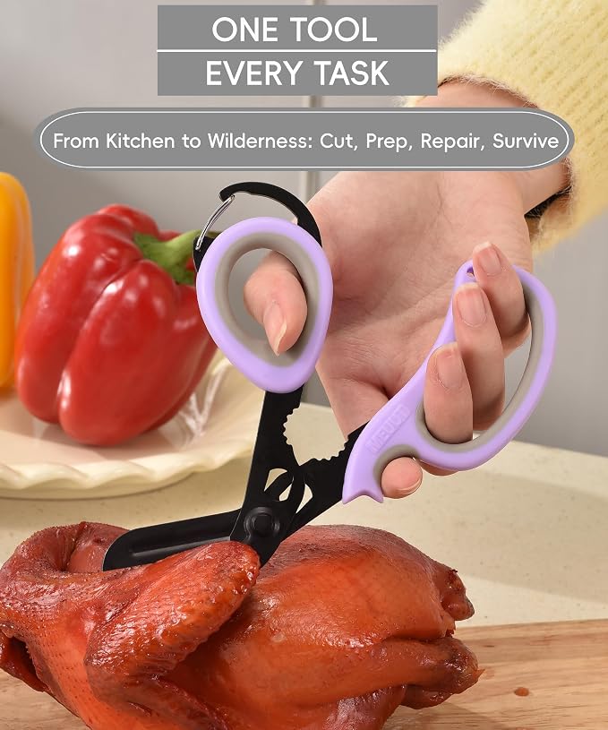 MEUUT All Purpose Scissors 2 PCS with Carabiner for Kitchen Outdoor | 7.5-inch heavy duty all purpose, Ambidextrous, micro-serrated stainless steel blades, integrated O2 wrench, soft rubber grip