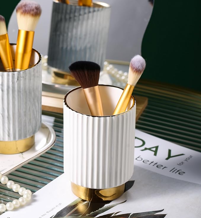 Makeup Brush holder Organizer,Glass Cosmetic Makeup Brush Cup Ceramics Brushes Storage Holder,White and Gold Modern Make Up Brush Cup Pen Pencil Holder Striped Vase