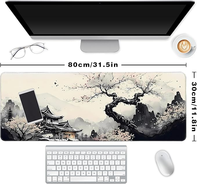 Long Gaming Mouse Pad Extended Anime Large Desk Pad with Non-Slip Base Full Keyboard Mat with Stitched Edges for Gaming and Office 31.5 x 11.8 inches (Wash Painting)