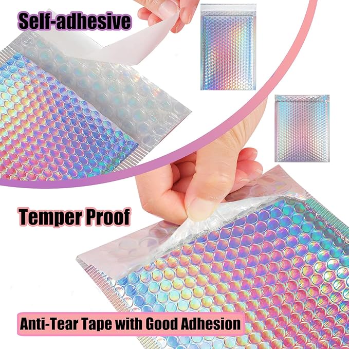 50 PCS Metallic Bubble Mailers,Poly Padded Envelopes,Holographic Bubble Mailers,Waterproof Shipping Bags,Self Seal Foil Glitter Glamour Cushion Envelopes for Mailing,Packing,Small Business