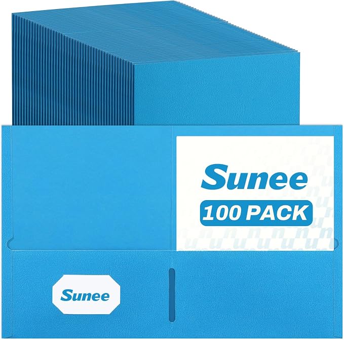 SUNEE Two Pocket Folders, 100 Pack File Folders with Business Card Slot, Textured Paper, Fit Letter Size Paper, Paper File Folder for School Office Home Business, Blue