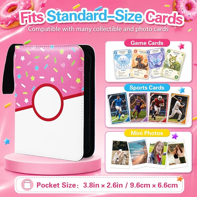 4 Pocket Card Binder 400 Card Holder Album, Pink Donut Trading Cards Holder Zipper Binder for Girl Teen Collection (Pink Donut, 400 Pocket)