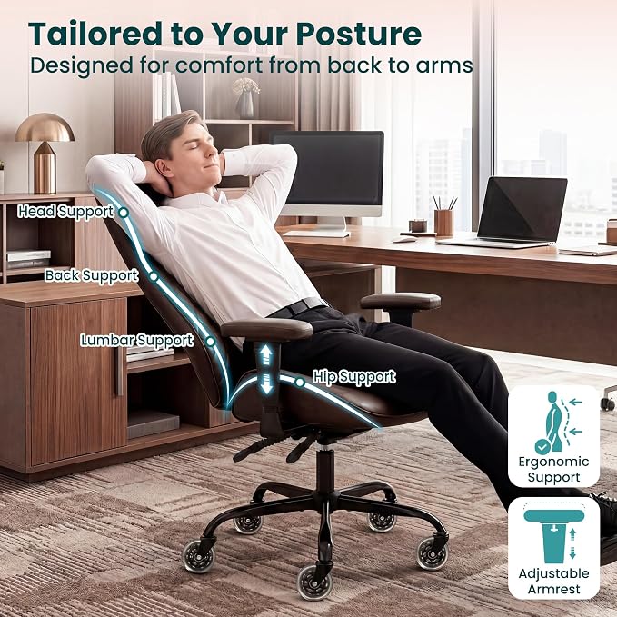 NEO CHAIR Dark Brown Leather Office Chair Ergonomic Design, Swivel Chair | Modern Computer Desk Chair with Lumbar Support, Adjustable Height Arms, Comfy Chair for Home Office, Smooth Rolling Design