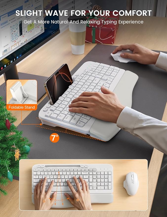 Wireless Keyboard and Mouse Combo with Ergonomic Wave Key | Leather Soft Palm Rest, Rechargeable, 4-Level DPI, Phone Holder, 2.4GHz, MA22 Plus Full Size Set for PC, Laptop, Windows, Mac