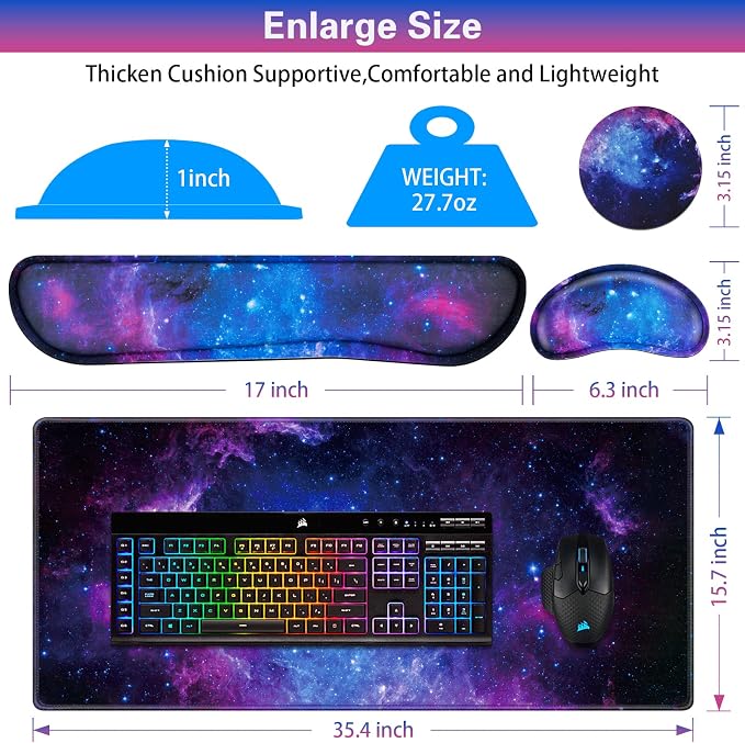Canjoy Desk Mat with Wrist Rest, Keyboard and Mouse Pad Wrist Support Pad ﻿ | 4-in-1 Big Large Mouse Pad(35.4×15.7in) + Keyboard Wrist Rest + Coaster, Galaxy Keyboard Mat Computer Desk Pad Memory Foam