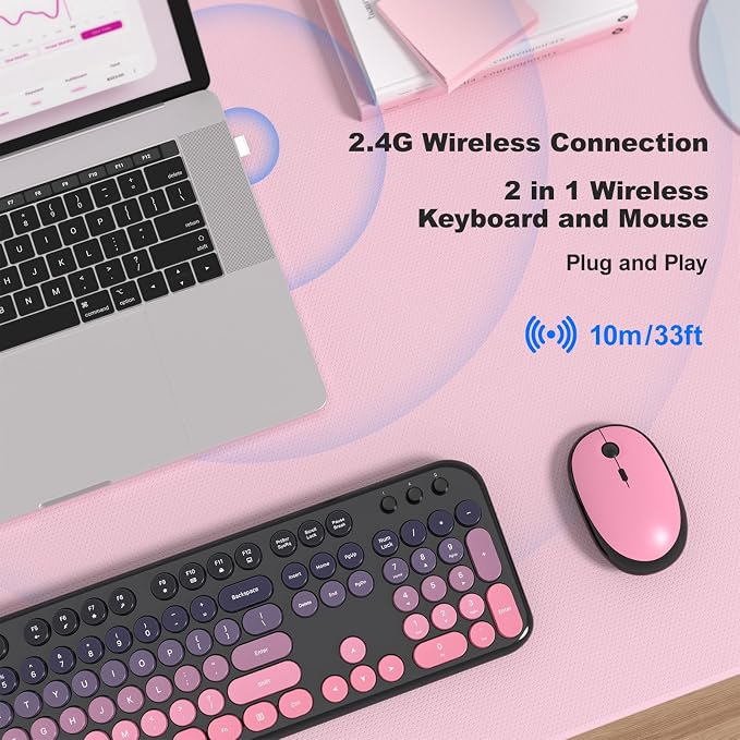 MOFII Wireless Keyboard and Mouse Combo,2.4G Typewriter Keyboard Quiet Mice | Retro Full Size Computer Keyboards, Cute Mouse, USB Dongle Plug and Play, for PC,Laptop,Desktop,Windows (Plum Pink Gradient)