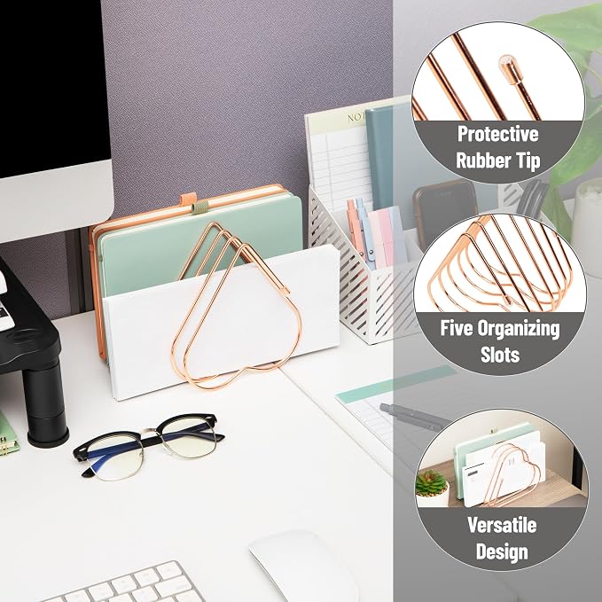 Mind Reader Heart-Shaped Desktop File Organizer, 5-Slot Metal Folder Rack, Magazine & Book Holder, Rose Gold
