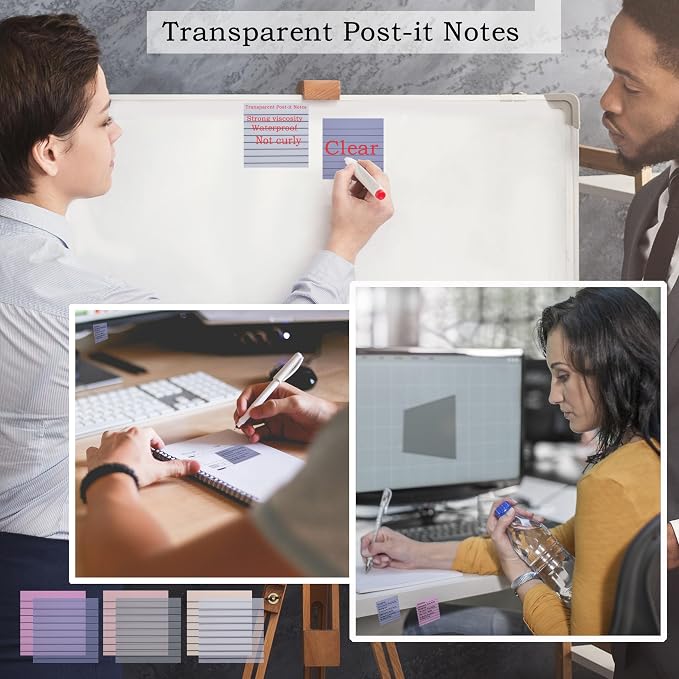 YOUDEFUL 800Pcs Transparent Sticky Note, 3"x3" Clear Sticky Note with Line | Waterproof Translucent Sticky Note for Books Annotation, Back to School Sticky Notes for Bible Study, School, Office