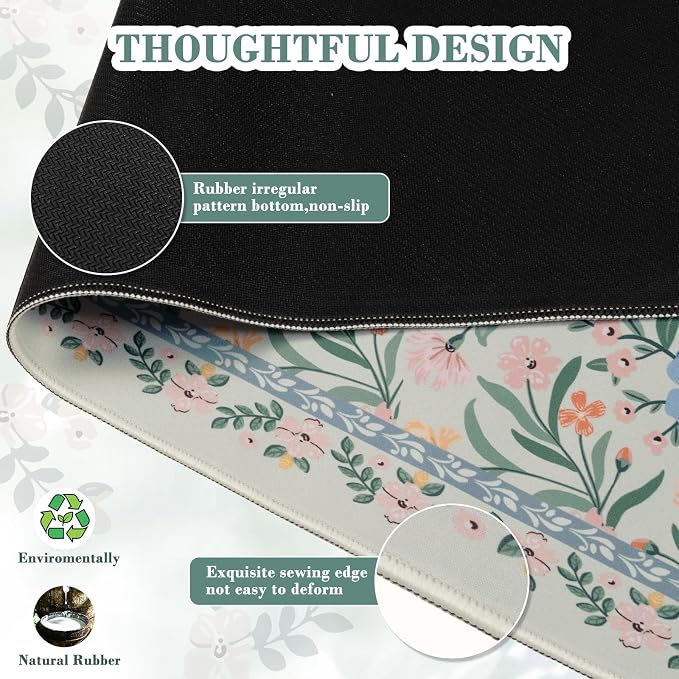 iCasso Aesthetic Desk Mat,31.5x11.8 Mouse Pads,Green Floral | Anti-Slip Mousepad with Stitched Edges, Waterproof Computer Pad, Green Desk Accessories Office Decor for Women