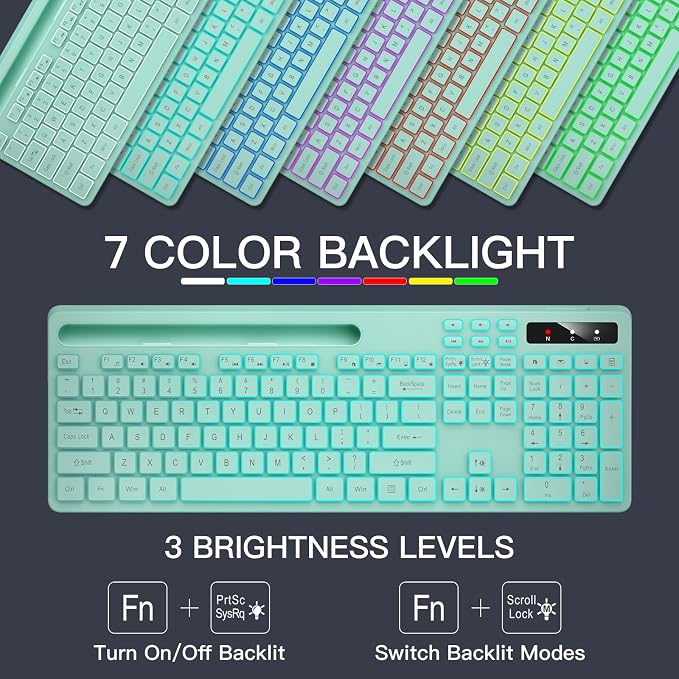 Wireless Keyboard with 7-Color RGB Backlit, Soueto Full-Size Computer Keyboard with Phone Tablet Holder, 2.4G Rechargeable Gaming Keyboard with Light Up Keys, Compatible with Mac, Windows (Mint Green)