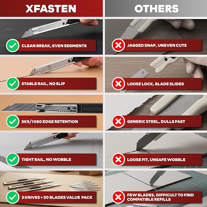 XFasten Snap Off Utility Knife Retractable 3-Pack 9mm Retractable Box Cutter Craft Knife with 30pcs 30 Degree Snap Off Blades Stainless Steel Craft Knives for Vinyl, Cardboard, Window Tint Cutter