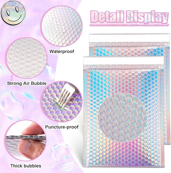 50 Pcs Metallic Bubble Mailers,Holographic Bubble Mailers 5.9 x 9.6 Inch,Self Seal Waterproof Shipping Bags,Poly Padded Envelopes for Mailing Packaging Small Business