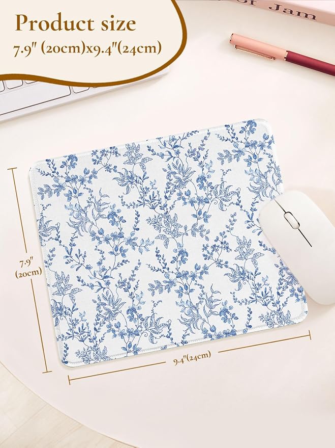 Elegant Blue Flowers Mouse Pad, Waterproof Aesthetics Floral Mouse Pads Design, Non-Slip Rubber Base Computer Simple Funny Mousepad,Small Mouse Mat Desk Accessories Office Supplies