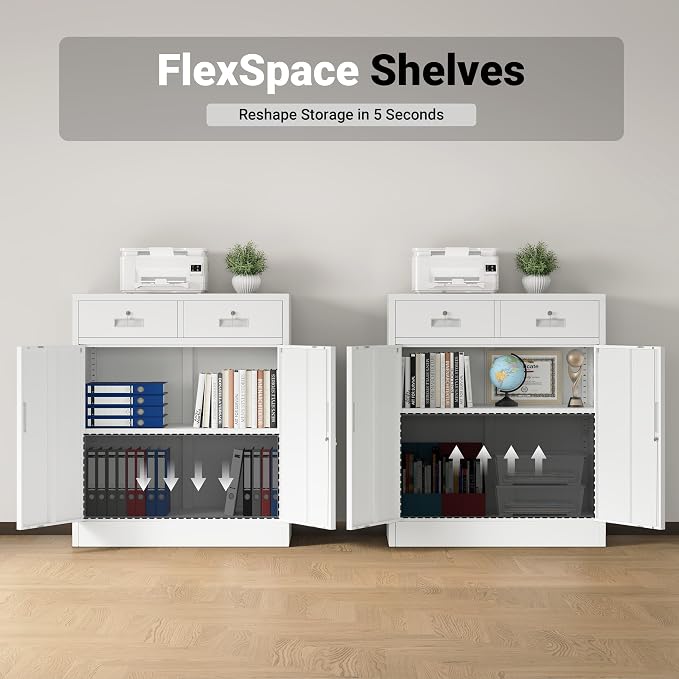 CJF Metal Storage Cabinet, Locking Storage Cabinet with Doors and 2 Drawers, Metal Cabinets for Office/Home/Garage 36" H x 32" W x 16" D (White)