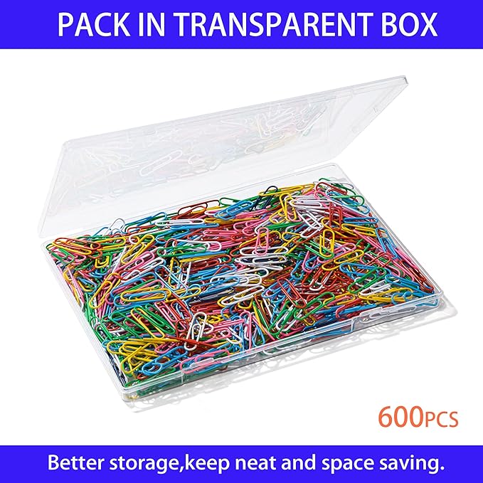 Paper Clips, 600Pcs Medium Paperclips for Office School & Personal Use, Daily DIY, 1-2/7" Colored Heavy Duty Ideal for Bookmark