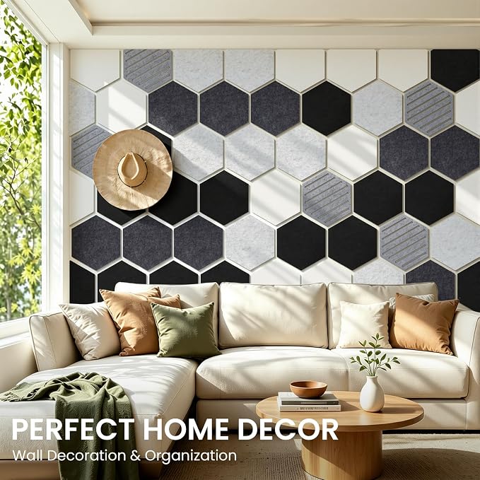 Hexagon Cork Bulletin Board Tiles, 10 Pack Felt Board with 25 Push Pins, Photo Display Board for Office & Home Classroom Wall Decor, 11.8x10.2 Inches
