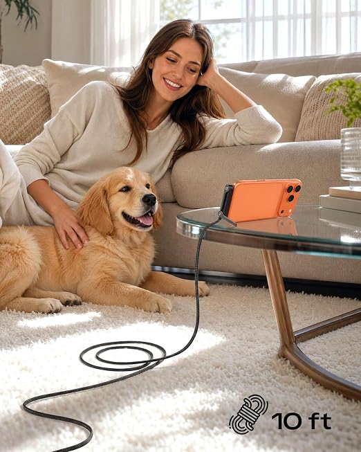 LOOHOI 240W Fast Charging USB-C to USB-C Cable with Built-in Phone Stand | 90° Fast Charging Invisible Stand Type-C Braided Charger Cable for Gaming, Streaming & Hands-Free Viewing (10FT, 1PCS)