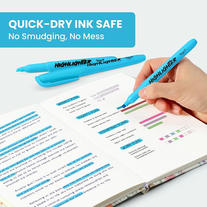 Taja 30 Pack Highlighters, Blue, Chisel Tip with No Bleed Ink | Highlighters with Smooth Broad & Precise Lines, Ideal for Journaling & Note Taking, Study Essentials and Office Supplies