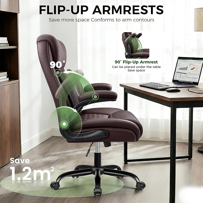 Office Chair, Ergonomic Executive Desk Chair with Lumbar Support for Lower Back Pain Relief, Padded Flip-Up Armrests, Leather Home Office Chair, Coffee