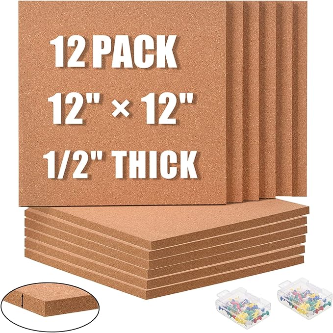 SUNGIFT Cork Board Tiles 12"x12" - 1/2 Inch Thick, 12 Pack | Self-Adhesive Square Bulletin Boards with 100 Push Pins for Photo Walls, Office Notes and Dorm Decor