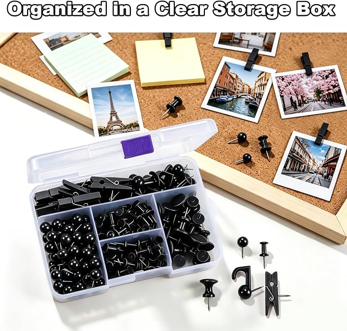 200 Pcs Black Push Pins for Bulletin Board, 5 Style Thumb Tacks for Cork Board, Decorative Pushpins for Wall Maps, Photos, Office, Classroom and Back to School Supplies (Black)