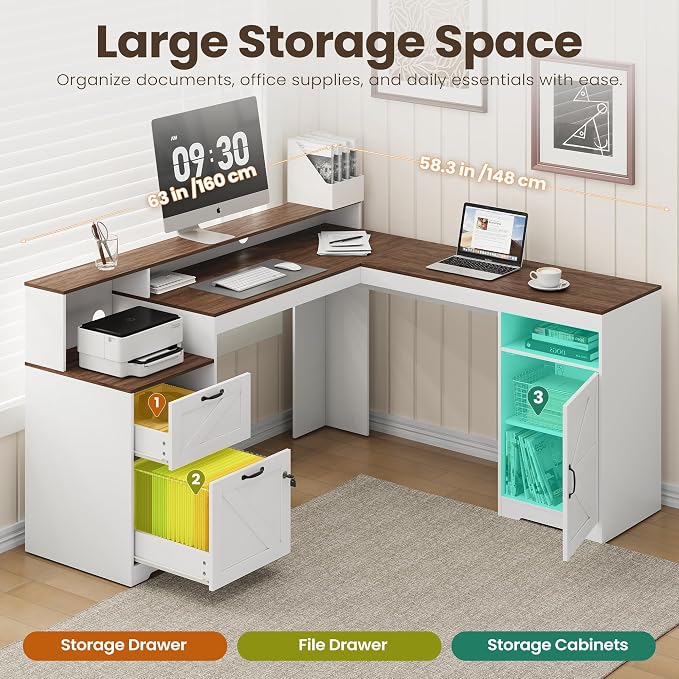 MALOL 63" Farmhouse L Shaped Executive Desk, Corner Computer Desk with Drawers & Storage Shelf, Home Office Desk with Power Outlet, Monitor Stand, Wood Grain Desktop, White & Rustic Brown